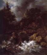 Jacob van Ruisdael Waterfall with a Half-timbered House and Castle Sweden oil painting artist